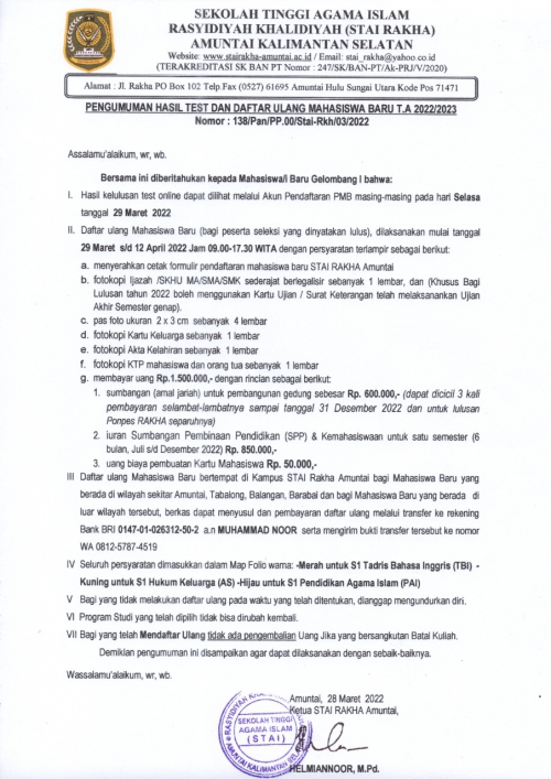 PENGUMUMAN HASIL TEST DAN DAFTAR ULANG MAHASISWA BARU GELOMBANG 1 T.A 2022/2023